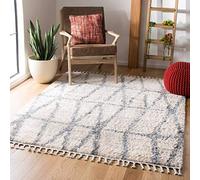 Safavieh Alfombra Shag Sala de Estar, Comedor, Dormitorio - Berber Fringe Shag Collection, Pelo Corto, Crema y Gris, 160 X 229 cm