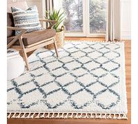 Safavieh Alfombra Shag Sala de Estar, Comedor, Dormitorio - Berber Fringe Shag Collection, Pelo Corto, Crema y Azul, 160 X 229 cm