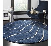 SAFAVIEH Alfombra Shag Sala de Estar, Comedor, Dormitorio - Florida Shag Collection, Pelo Largo, Azul Oscuro y Crema, 122 X 122 cm