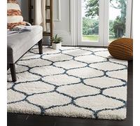 Safavieh Alfombra Shaggy para salón, Comedor, Dormitorio, colección Hudson Shag, Pelo Alto, Color Marfil y Azul Pizarra, 155 x 229 cm