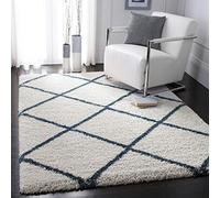 Safavieh Alfombra Shaggy para salón, Comedor, Dormitorio, colección Hudson Shag, Pelo Largo, Color Marfil y Azul Pizarra, 91 x 152 cm