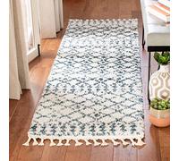 Safavieh Alfombra Tejida marroquí para Interiores, colección bereber con Flecos, BFG519, en Color Crema/Azul, 66 x 244 cm, para salón, Dormitorio o Cualquier Espacio Interior