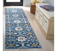 Safavieh Amsterdam Collection AMS113M - Alfombra de Pasillo, 2 pies 3 Pulgadas x 8 pies, Azul y Crema, diseño Floral, no desprende Pelusa, fácil Cuidado, Ideal para Zonas de Alto tránsito en Sala de