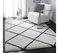 SAFAVIEH Hudson Shag Collection Alfombra de área de 5 pies 3 pulgadas x 7 pies 6 pulgadas, marfil y azul pizarra, diseño moderno de enrejado, no desprende pelusa y fácil cuidado, 2 pulgadas de grosor,