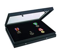 SAFE 5678 Vitrina de Coleccionismo Edición Negra con tapa de cristal real | superficie de estructura de lino negro mate | Estuche para joyas, piedras preciosas, minerales | 40 x 30 x 5,5 cm