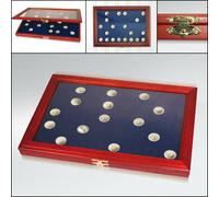SAFE-5868-Holzmünzvitrinen-40-runde-Fächer-26mm-blaue-Einlage-Ideal-für