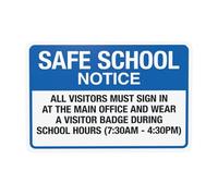 Safe School Notice All Visitors Must Sign In At The Main Office And Wear A Badge Señal de advertencia, letreros metálicos de seguridad de propiedad escolar para el hogar, negocios, decoración de