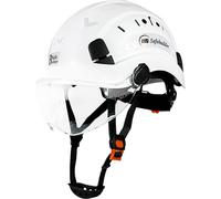 SAFEBUILDER Casco de Seguridad con Visera, Ajustable, Ligero, ventilado, ABS, Aprobado por ANSI Z89.1, Ideal para Industria y construcción (Sombrero Blanco con Visera Transparente)
