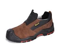 SAFETOE Zapatos de Trabajo Sin Cordones para Hombre de Altura Baja Puntera Compuesta Cuero de Vaca Zapatos de Seguridad Ligeros Cómodos Zapatillas para Industrial, 13 Ancho, Marrón Nubuck-【Puntera