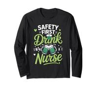 Safety First Drink with A Nurse Shamrock Fun St Patricks Day Manga Larga