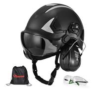 SAFEYEAR Casco de seguridad 3 en 1 con visera y protección auditiva, certificado EN397, casco forestal con cierre de trinquete, tira Hi-Vis para obras, bosques, motosierra (53-64 cm)