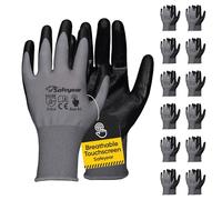 SAFEYEAT, 12 pares de guantes de trabajo con revestimiento de níquel negro con pantalla táctil para constructores, guantes de seguridad ligeros para el trabajo, hombres y mujeres, almacén, jardín,M