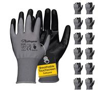 SAFEYEAT, 12 pares de guantes de trabajo con revestimiento de níquel negro con pantalla táctil para constructores, guantes de seguridad ligeros para el trabajo, hombres y mujeres, almacén, jardín,L