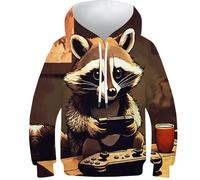 SAFGTXHTR Mapache Sudaderas con Capucha para Niño Y Niña 3D Animal Hoodie Impresión Linda Jerséis Fauna Sudadera Ligera Sudadera con Cordón Y Bolsillos 6-15 Años