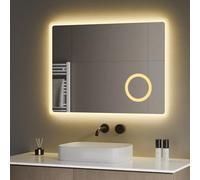 S'AFIELINA Espejo de baño 80×60 cm con iluminación LED, Espejo de baño con Interruptor a botón, 2 Colores de luz (Blanco frío y Blanco cálido), antiempañante, Aumento 3X, función de Memoria
