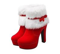 SAFIGLE Botas de Tacón Mujer Plataforma Gruesa y Bota Corta de Navidad para Invierno Cierre Lateral y Detalles de Felpa y Lazo