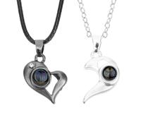 SAFIGLE Collares para Parejas a Juego Corazón, Proyección de Te Amo en 100 Idiomas, Aleación Duradera, un Negro y Uno Blanco Cadena Plateada y Cuerda de Piel, Obsequio Romántico