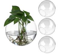 SAFIGLE Juego de 4 Jarrones de Pared de Vidrio Transparente Redondos para Plantas y Flores Superficie Lisa y Brillante, Ideales para Decoración en Salones y Restaurantes