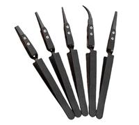 SAFIGLE Pinzas Antiestáticas de Precisión 5 Piezas, Pinzas Rectas y Curvas Punta de Plástico Negra, Mango de Acero Inoxidable Resistente al Calor, Herramienta para Electrónica