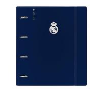 REAL MADRID 1ª EQUIPACIÓN 24/25 - Carpeblock con 4 Anillas de 35 mm, con Recambio, con 100 Hojas A4, Ideal para Niños de Diferentes Edades, Cómoda y Versátil, 27x4x32 cmBlanco/gris