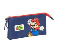 Super Mario World - Portatodo Triple, Estuche Infantil, Estuche Niño, Ideal para Niños en Edad Escolar, Cómodo y Versátil, Calidad y Resistencia, 22x3x12 cm, Color Azul Marino