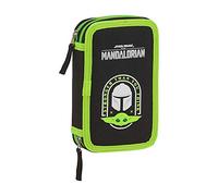 Safta 412041854 Plumier Doble Escolar con 28 Útiles Incluidos de The Mandalorian Negro/Verde Flúor
