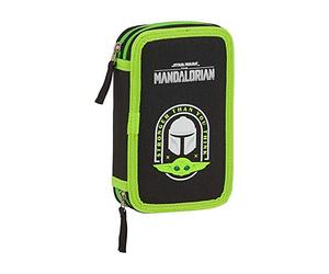 Safta 412041854 Plumier Doble Escolar con 28 Útiles Incluidos de The Mandalorian Negro/Verde Flúor