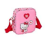 Safta | Bandolera Infantil Hello Kitty, Bolsito Cruzado Escolar con Correa Ajustable, Cierre con Cremallera, Diseño Rosa con Corazones y Asa Roja, Medidas 16x4x18 cm