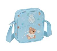 Safta | Bandolera Infantil Real Madrid Preescolar Azul, Bolsito Escolar con Correa Ajustable, Compartimento con Cremallera, Diseño Celeste con Osito y Escudo, Vuelta al Cole, Medidas 16x4x18 cm