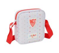 SAFTA | Bandolera Infantil Sevilla FC Preescolar, Bolsito Escolar con Correa Ajustable, Cierre con Cremallera, Compartimento Principal, Diseño Blanco con Corazones y Detalles Rojos, Medidas 16x4x18 cm