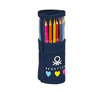 Safta BENETTON Love - Estuche Enrollable Útiles Incluidos, Estuche Infantil, Estuche Niño, Ideal para Niños de 5 a 14 Años, Cómodo y Versátil, Calidad y Resistencia, 7x20 cm, Color Azul marino