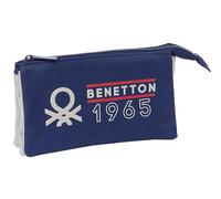 Safta Benetton Varsity - Portatodo Triple, Estuche Infantil, Estuche Niño, Ideal para Niños en Edad Escolar, Cómodo y Versátil, Calidad y Resistencia, 22x3x12 cm, Color Azul Marino/Gris