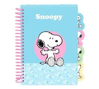 Safta | Bloc de Notas A5 Snoopy, Cuaderno Escolar con Tapas Duras y Espiral, 80 Hojas 80 g/m², 4 Separadores Interiores, Diseño Azul con Espiral Rosa, Papelería Vuelta al Cole, Medidas 14,8x21 cm