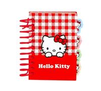 Safta | Bloc de Notas A7 Hello Kitty, Cuaderno Escolar con Tapas Duras y 4 Separadores, 80 Hojas 80 g/m², Encuadernación Espiral, Diseño Rojo a Cuadros, Papelería Vuelta al Cole, Medidas 7,4x10,5 cm