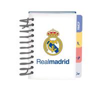 Safta | Bloc de Notas A7 Real Madrid Equipación 26/27, Tapas Duras, 80 Hojas 80 g/m², 4 Separadores Interiores, Cuaderno Espiral con Pestañas, Papelería Escolar Vuelta al Cole, Medidas 7,4x10,5 cm
