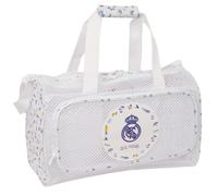 SAFTA | Bolsa de Playa Antiarena Real Madrid, Bolsa Deportiva con Malla Transpirable, Bandolera Ajustable y Asa Forrada, Bolsillo Frontal con Cremallera, Medidas 47x27x26 cm