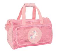 SAFTA | Bolsa de Playa Infantil SAFTA Unicornio, Rejilla Transpirable Rosa con Asa de Mano y Bandolera Ajustable, Bolsillo Frontal con Cremallera, Medidas 47x27x26 cm
