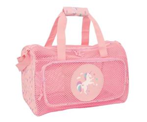 SAFTA | Bolsa de Playa Infantil SAFTA Unicornio, Rejilla Transpirable Rosa con Asa de Mano y Bandolera Ajustable, Bolsillo Frontal con Cremallera, Medidas 47x27x26 cm