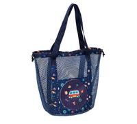 Safta | Bolsa de Playa Surf de Rejilla, Bolsillo Frontal y Cierre con Cordones, Asas Superiores Largas, Ligera y Resistente, Diseño Marino Azul con Estampado, Medidas 28x28x34 cm
