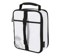 Safta | Bolsa Porta Alimentos Térmica Real Madrid con Tupper 650 ml, 20,7x10,8x26,7 cm, Aislamiento Térmico Thermaflect Antifugas, Expandible, Cremallera y Asa, Blanco/Negro