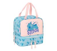 SAFTA | Bolsa Portameriendas Disney Stitch Ohana, 20x15x20 cm, Doble Compartimento con Base, Cremallera Doble Cursor, Asa de Mano Doble, Tarjeta Identificación, Infantil Vuelta al Cole