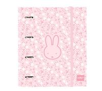 SAFTA | Carpeta Folio A4 Miffy Flores 4 Anillas Redondas 35 mm con Recambio 100 Hojas Cuadrícula 5x5 mm, Tapas Duras Forradas, Cierre Elástico y Separadores Interiores, 80 g/m², Medidas 27x3,5x32 cm