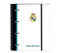 SAFTA | Carpeta Folio A4 Real Madrid Equipación 26/27 4 Anillas Redondas 35 mm con Recambio 100 Hojas 80 g, Cuadrícula 5x5 mm, Tapas Duras Forradas, Cierre Elástico y Separadores, Medidas 27x3,5x32 cm