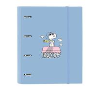 SAFTA | Carpeta Folio A4 Snoopy 4 Anillas Redondas 35 mm con Recambio 100 Hojas, Tapas Duras Forradas, Cuadrícula 5x5 mm, 80 g/m², Cierre Elástico y Separadores Interiores, Medidas 27x3,5x32 cm
