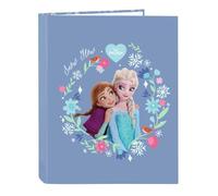 SAFTA | Carpeta Folio Frozen Disney 4 Anillas Mixtas 25 mm, Tapas Duras Forradas, Archivador Escolar Infantil para Vuelta al Cole, Diseño Azul con Elsa y Anna, Licencia Oficial, Medidas 26,5x4x33 cm