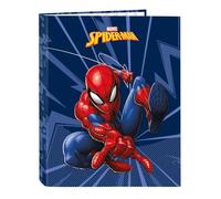 SAFTA | Carpeta Folio Marvel Spider-Man 4 Anillas Mixtas 25 mm, Tapas Duras Forradas, Archivador Escolar Resistente, Diseño Azul con Spider-Man, Vuelta al Cole Infantil y Juvenil, Medidas 26,5x4x33 cm