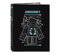 SAFTA | Carpeta Folio Minecraft Screen 4 Anillas Mixtas 25 mm, Archivador Escolar Juvenil con Tapas Duras Forradas, Formato Folio para Apuntes y Documentos, Vuelta al Cole, Medidas 26,5x4x33 cm