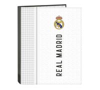 SAFTA | Carpeta Folio Real Madrid 1ª Equipación 24/25 4 Anillas Mixtas 25 mm, Tapas Duras Forradas, Archivador Escolar Resistente, Formato Folio, Vuelta al Cole, Licencia Oficial, Medidas 26,5x4x33 cm