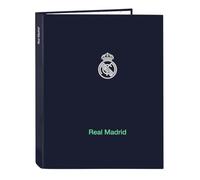 SAFTA | Carpeta Folio Real Madrid 2ª Equipación 25/26 4 Anillas Mixtas 25 mm, Tapas Duras Forradas, Archivador Escolar Juvenil, Formato Folio, Color Azul Marino, Licencia Oficial, Medidas 26,5x4x33 cm