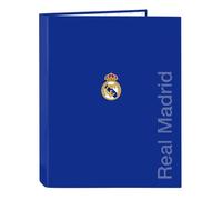 SAFTA | Carpeta Folio Real Madrid 4 Anillas Mixtas 25 mm, Tapas Duras Forradas, Archivador Escolar Resistente, Color Azul, Licencia Oficial, Vuelta al Cole, Medidas 26,5x4x33 cm